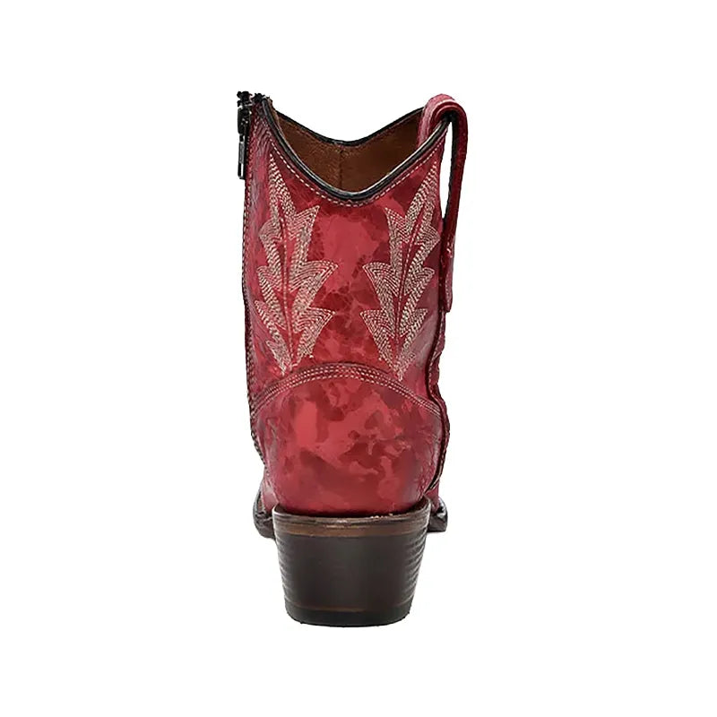 Women's Embroidery & Zipper Ankle Boot Snip Toe Red