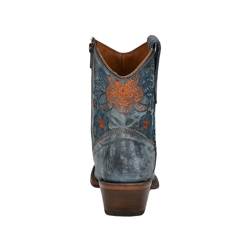 Women's Flowered Embroidery Ankle Boot Blue Jean