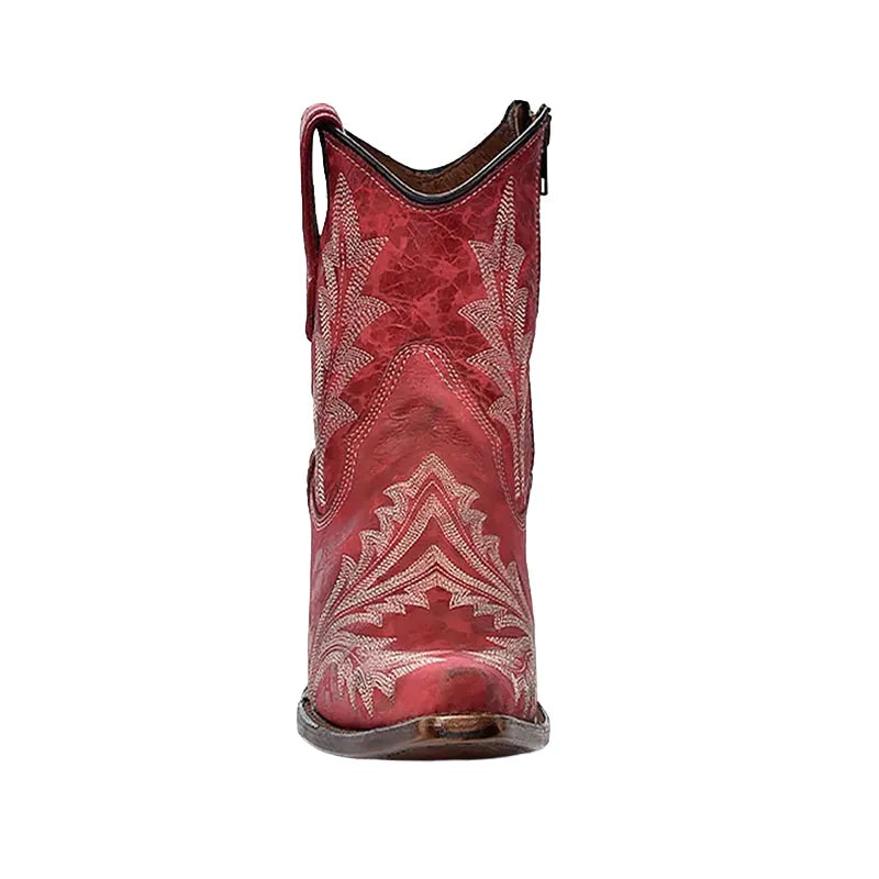 Women's Embroidery & Zipper Ankle Boot Snip Toe Red