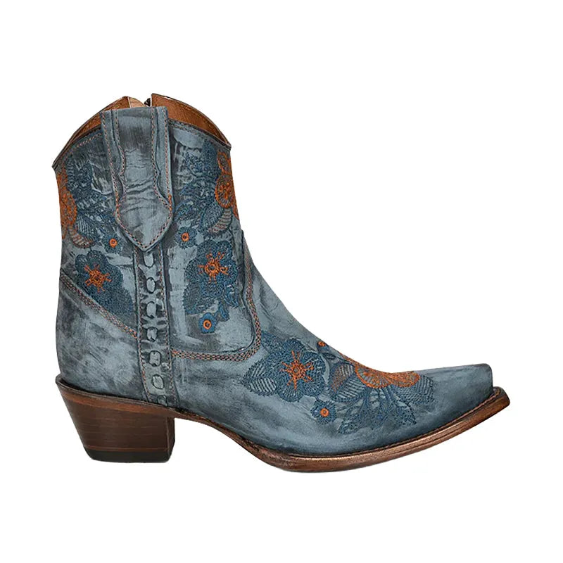 Women's Flowered Embroidery Ankle Boot Blue Jean