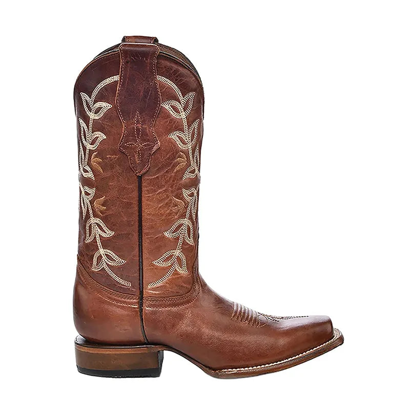 Women's Embroidery Square Toe Cognac