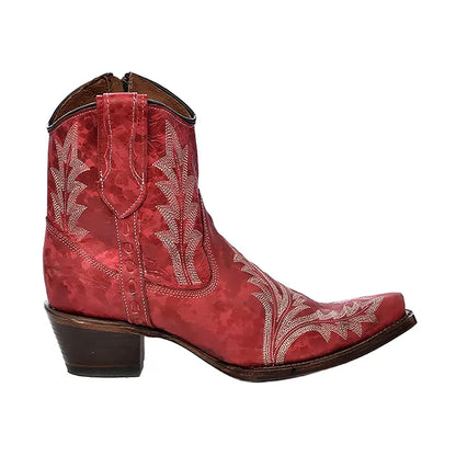 Women's Embroidery & Zipper Ankle Boot Snip Toe Red
