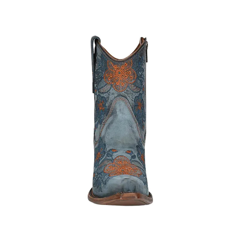 Women's Flowered Embroidery Ankle Boot Blue Jean