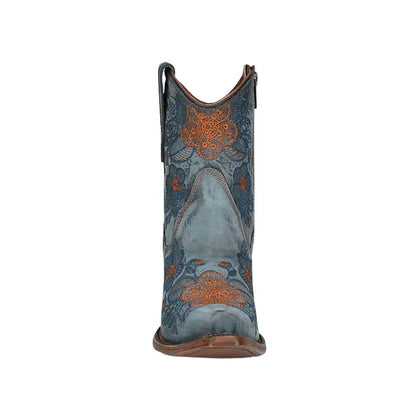 Women's Flowered Embroidery Ankle Boot Blue Jean