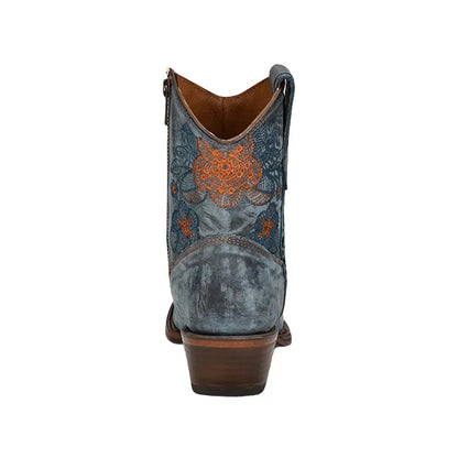 Women's Flowered Embroidery Ankle Boot Blue Jean