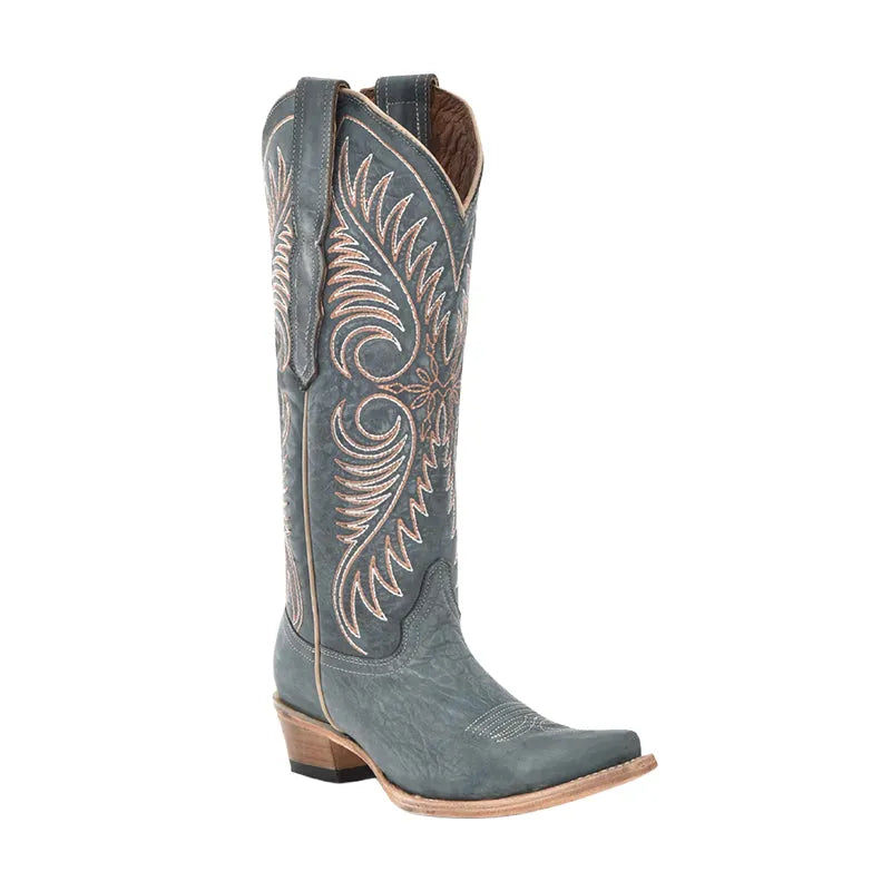 Women's Embroidery Snip Toe Distressed Blue
