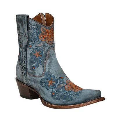 Women's Flowered Embroidery Ankle Boot Blue Jean
