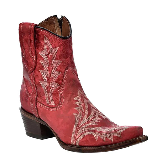 Women's Embroidery & Zipper Ankle Boot Snip Toe Red