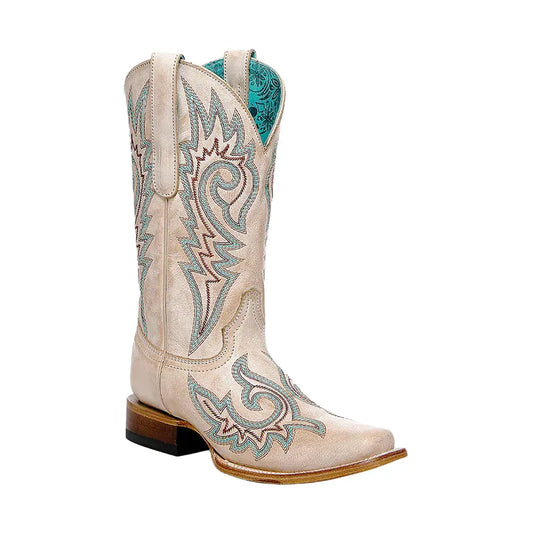 Women's Flames Embroidery Square Toe Straw