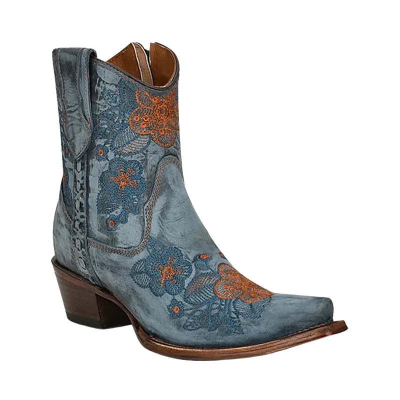 Women's Flowered Embroidery Ankle Boot Blue Jean